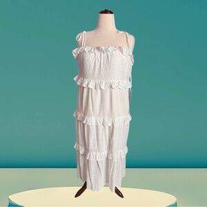 LUSH White Eyelet Tiered Sun Dress, Tie Spaghetti Straps, Sz L, NWT